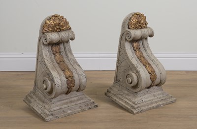 Lot 712 - A PAIR OF VICTORIAN PARCEL GILT FAUX MARBLE PAINTED SCROLL WALL BRACKETS (2)