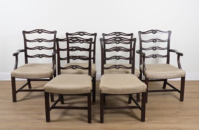 Lot 721 - A SET OF SIX GEORGE II STYLE MAHOGANY RIBBON BACK DINING CHAIRS (6)