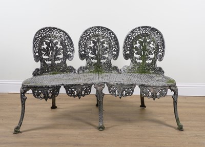 Lot 724 - A GREEN PAINTED CAST ALUMINIUM TRIPLE CHAIR BACK GARDEN BENCH