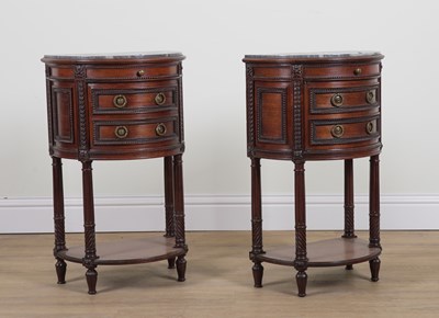 Lot 726 - A PAIR OF GREY MARBLE TOPPED SEMI ELLIPTIC BED SIDE TABLES (2)
