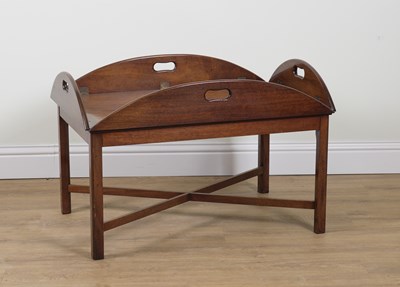 Lot 729 - A GEORGE III STYLE MAHOGANY DROP FLAP BUTLERS TRAY ON STAND
