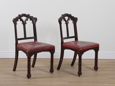 Lot 731 - A PAIR OF 19TH CENTURY ROSEWOOD FRAMED GOTHIC REVIVAL SIDE CHAIRS (2)