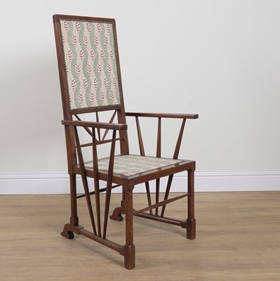 Lot 746 - IN THE MANNER OF E W GODWIN, AN ARTS AND CRAFTS MAHOGANY STICKBACK OPEN ARMCHAIR