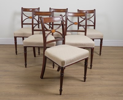 Lot 757 - A SET OF SIX GEORGE III SATINWOOD INLAID MAHOGANY X-FRAME BACK DINING CHAIRS (6)