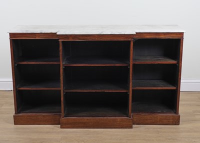 Lot 758 - A VICTORIAN MARBLE TOP ROSEWOOD BREAKFRONT FLOOR STANDING OPEN BOOKCASE