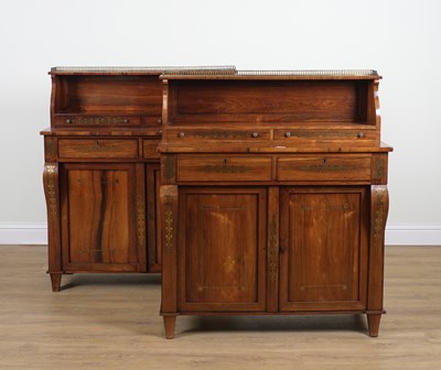 Lot 760 - A PAIR OF REGENCY BRASS INLAID ROSEWOOD SHELF BACK CHIFFONIERS (2)