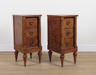 Lot 765 - A PAIR OF CONTINENTAL GILT METAL MOUNTED FIGURED WALNUT THREE DRAWER BEDSIDE CHESTS (2)