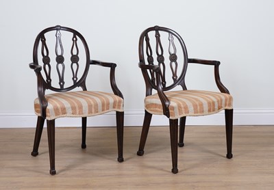 Lot 771 - A PAIR OF HEPPLEWHITE REVIVAL MAHOGANY OVAL BACK OPEN ARMCHAIRS (2)
