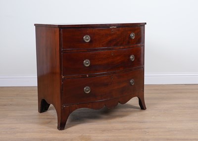 Lot 777 - AN GEORGE III INLAID MAHOGANY BOWFRONT THREE DRAWER CHEST