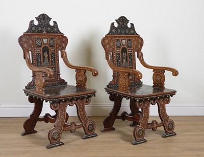 Lot 790 - A PAIR OF 19TH CENTURY ITALIAN SORRENTO OPEN ARMCHAIRS (2)