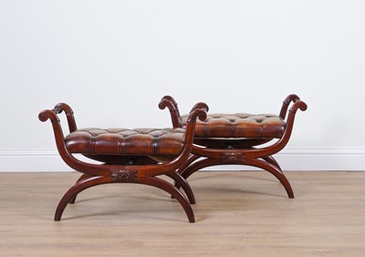 Lot 797 - A PAIR OF 19TH CENTURY MAHOGANY X-FRAME STOOLS (2)