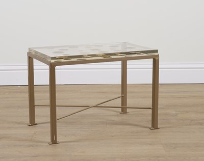 Lot 798 - A MODERN RECTANGULAR OCCASIONAL TABLE WITH MEDAL INSET CLEAR PERSPEX TOP