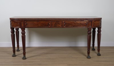 Lot 800 - A REGENCY INLAID MAHOGANY BOWFRONT THREE DRAWER SERVING TABLE
