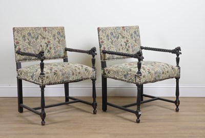 Lot 803 - A PAIR OF 19TH CENTURY EBONISED SQUARE BACK OPEM ARMCHAIRS (2)