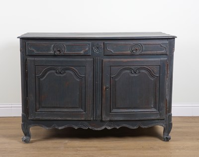 Lot 842 - AN 18TH CENTURY LATER INK BLUE POLYCHROME PAINTED FRENCH BUFFET