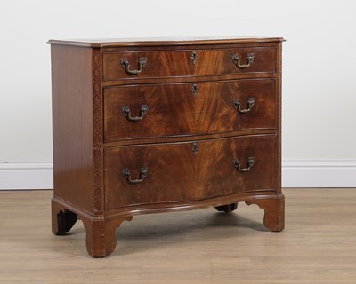 Lot 843 - A GEORGE III MAHOGANY SERPENTINE THREE DRAWER CHEST