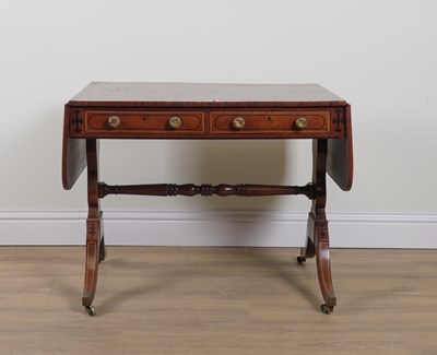 Lot 850 - A REGENCY SATINWOOD BANDED MAHOGANY TWO DRAWER SOFA TABLE
