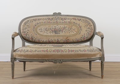 Lot 858 - A LOUIS XVI STYLE GREY PAINTED OPEN ARM SOFA