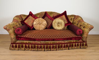 Lot 875 - PROVASI: A LARGE GREEN/GOLD FLORAL SILK UPHOLSTERED BUTTON BACK SOFA