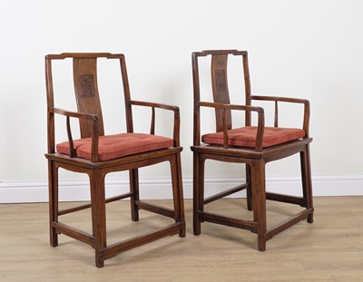 Lot 901 - A PAIR OF EARLY 20TH CENTURY CHINESE EXPORT HARDWOOD OPEN ARMCHAIRS (2)