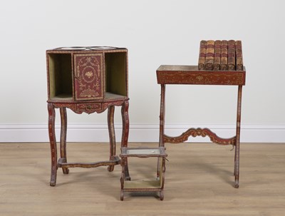 Lot 904 - A SUITE OF GILT TOOLED ROUGE LEATHER VENEERED FURNITURE (3)