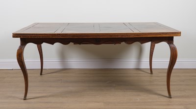 Lot 908 - A FRENCH PARQUETRY INLAID OAK DRAW LEAF EXTENDING KITCHEN TABLE