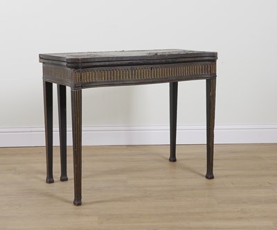 Lot 914 - AN 18TH CENTURY PARCEL GILT BLACK LACQUER CHINOISSERIE DECORATED FOLD-OVER GAMES TABLE