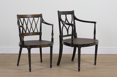 Lot 923 - AN EDWARDIAN POLYCHROME PAINTED BLACK LACQUER OPEN ARMCHAIR (2)