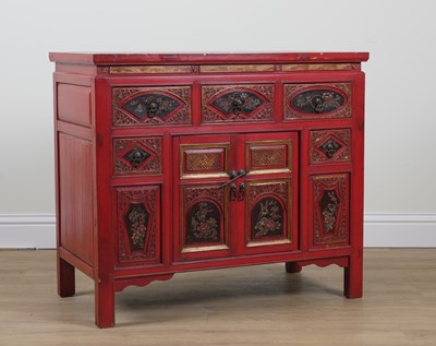 Lot 944 - A CHINESE EXPORT RED LACQUERED HARDWOOD SIDE CHEST