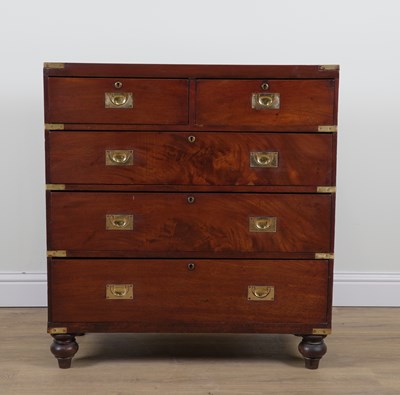 Lot 962 - A CAMPAIGN STYLE BRASS BOUND MAHOGANY FIVE DRAWER CHEST