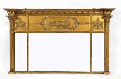 Lot 968 - A 19TH CENTURY GILT FRAMED TRIPLE PLATE OVERMANTEL MIRROR
