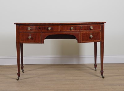 Lot 971 - AN EDWARDIAN SATINWOOD BANDED MAHOGANY BOWFRONT SIDEBOARD