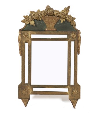 Lot 976 - A 19TH CENTURY SWEDISH GREEN PARCEL GILT DECORATED MIRROR