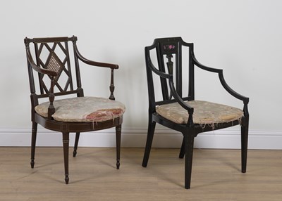 Lot 993 - AN EDWARDIAN POLYCHROME PAINTED BLACK LACQUER OPEN ARMCHAIR (2)