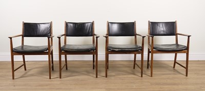 Lot 995 - PROBABLY ARCHIE SHINE FOR HEALS FURNITURE; A SET OF FOUR MID-20TH CENTURY ROSEWOOD OPEN ARMCHAIRS (4)