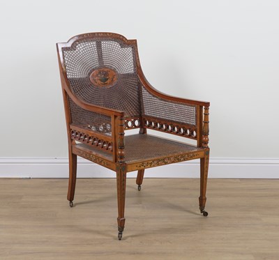 Lot 998 - AN EDWARDIAN POLYCHROME PAINTED SATINWOOD BERGERE CHAIR