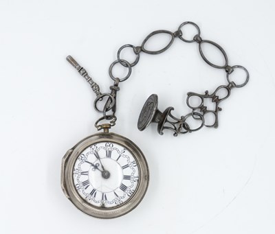 Lot 217 - A SILVER PAIR CASED, KEY WIND, OPENFACED POCKET WATCH, WITH CHAIN, KEY AND SEAL