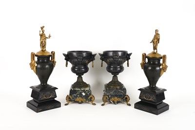 Lot 533 - A PAIR OF FRENCH GILT AND PATINATED BRONZE MOUNTED URNS AND COVERS WITH GOD AND GODDESS FINIALS (4)