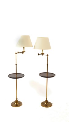 Lot 607 - A PAIR OF BRASS AND MAHOGANY TELESCOPIC ADJUSTABLE FLOOR STANDING READING LIGHTS (2)