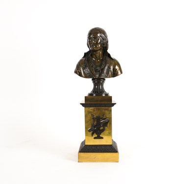 Lot 611 - A FRENCH RESTAURATION PATINATED BRONZE BUST OF A FRENCH PHILOSOPHER, POSSIBLY ROUSSEAU