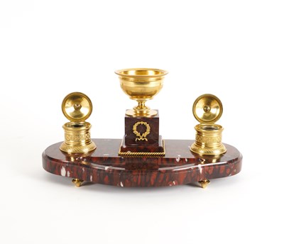 Lot 614 - A LOUIS XVI STYLE GILT-METAL MOUNTED ROUGE GRIOTTE MARBLE INKSTAND