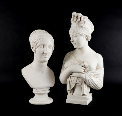Lot 659 - ANTHONY REDMILE: A WHITE COMPOSITE BUST OF MADAME DE RECAMIER AFTER JOSPEH CHINARD, TOGETHER WITH LUCREZIA D’ESTE AFTER ANTONIO CANOVA (2)