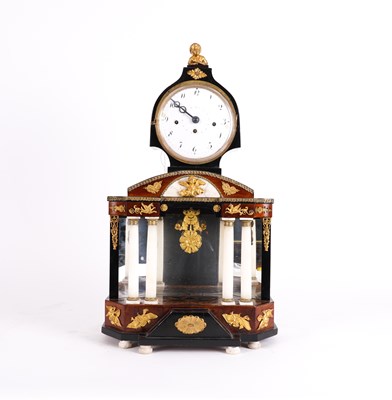 Lot 661 - AN AUSTRIAN ORMOLU MOUNTED WALNUT AND WHITE MARBLE ARCHITECTURAL QUARTER STRIKING MANTEL CLOCK