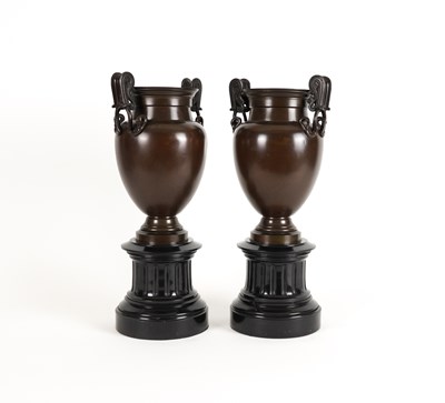 Lot 666 - A PAIR OF ETRUSCAN STYLE PATINATED BRONZE URNS  (2)