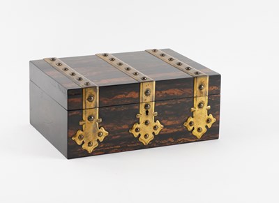 Lot 715 - PARKINS AND COTTO, 24 AND 25 OXFORD STREET LONDON; A VICTORIAN GOTHIC REVIVAL BRASS BOUND COROMANDEL RECTANGULAR BOX