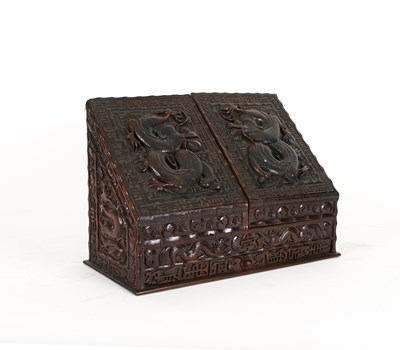 Lot 720 - A LATE 19TH CENTURY CENTURY CHINESE EXPORT CARVED SLOPE FRONT STATIONERY BOX