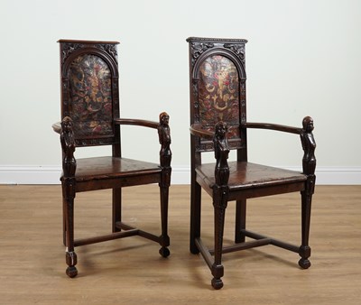 Lot 721 - A NEAR PAIR OF 17TH CENTURY AND LATER FRENCH WALNUT CAQUETEUSE OPEN ARMCHAIRS (2)