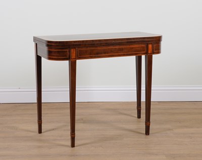 Lot 731 - A GEORGE III SATINWOOD AND KINGWOOD BANDED, MAHOGANY D-SHAPED FOLDOVER CARD TABLE