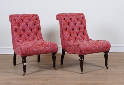 Lot 838 - GEORGE SMITH; A PAIR OF PATTERNED PINK BUTTON BACK UPHOLSTERED, SCROLL BACK ARMCHAIRS (2)