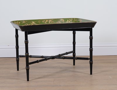 Lot 884 - A REGENCY STYLE GILT AND GREEN LACQUERED RECTANGULAR TRAY